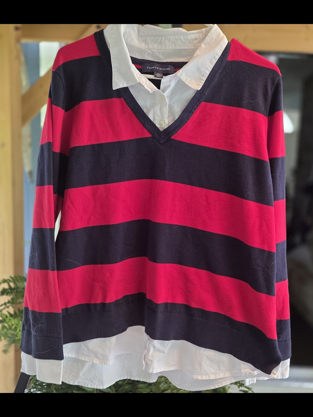 Tommy Hilfiger Red & Navy Striped V-Neck Sweater Layered Shirt